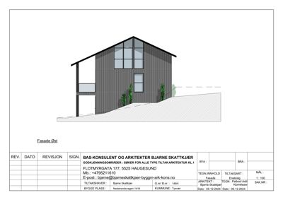 Fasadetegning (opprikk) av en enebolig sett fra øst.