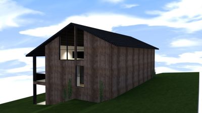 3D-visualisering av en planlagt bygning sett fra utsiden, med visuell fremstilling av fasade, tak og omgivelser.