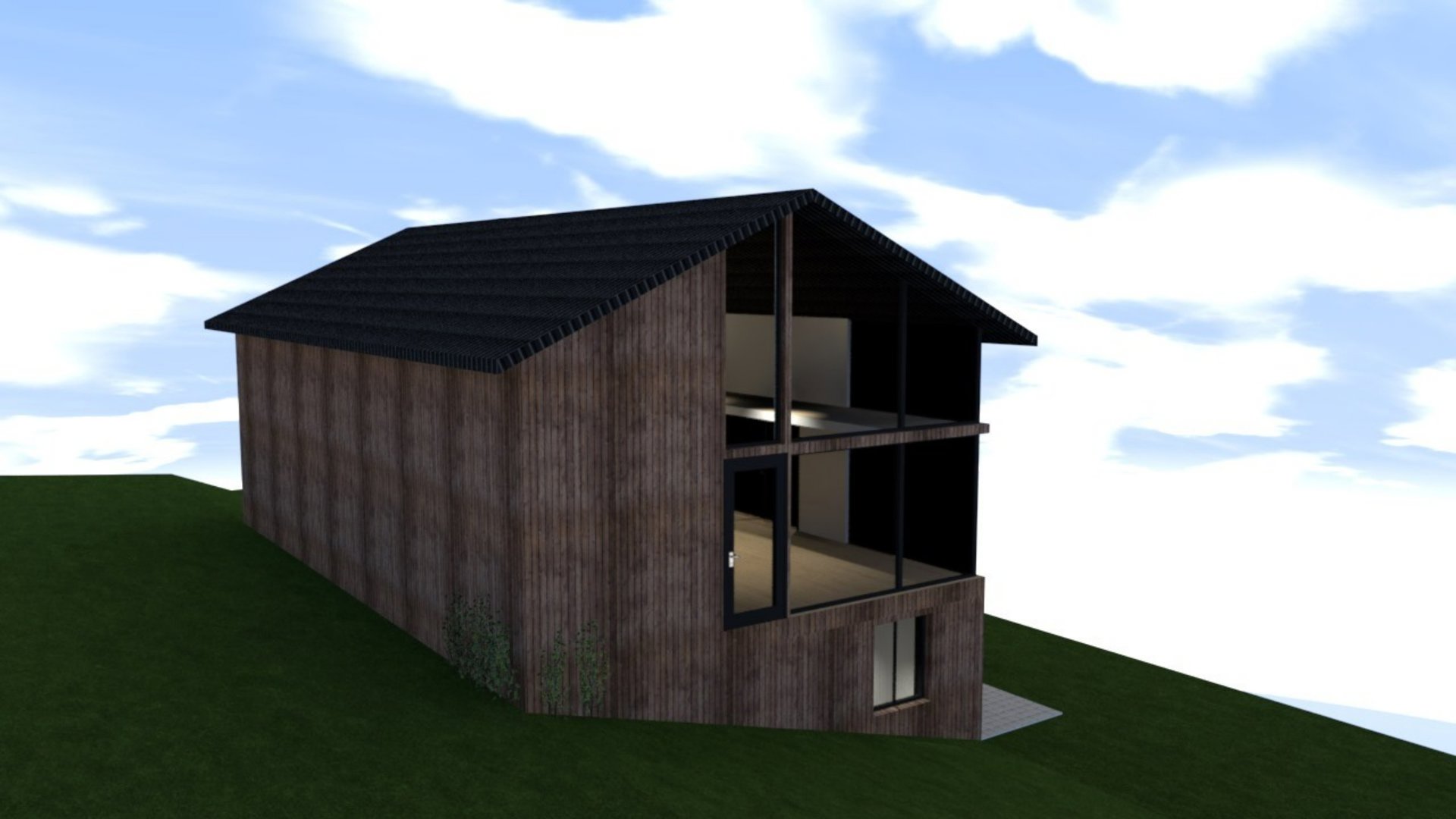 3D-visualisering av en moderne hytte med trefasade og svart tak, sett fra en vinkel som viser både fasade og deler av innsiden.