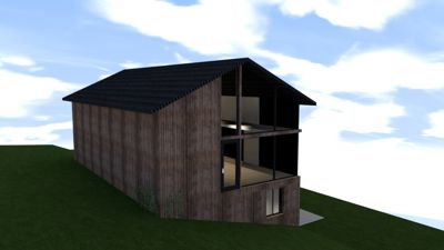 3D-visualisering av en moderne hytte med trefasade og svart tak, sett fra en vinkel som viser både fasade og deler av innsiden.