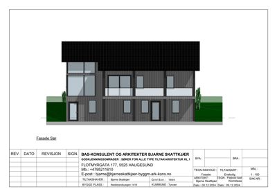 Fasadetegning (Fasade Sør) av en planlagt enebolig med oppriss av fasade, vinduer og tak.
