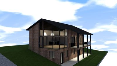 3D-visualisering av en moderne, toetasje bolig med trepanel og store glassflater, sett fra en vinkel som viser fasade og deler av taket.