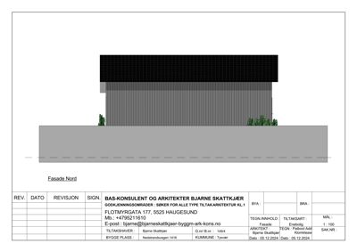 Fasadetegning (opprikk) av en enebolig sett fra nord.