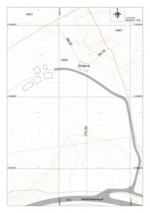 Situasjonsplan som viser tomtedeling (149/1, 149/3, 149/4), høydemålerlinjer, eksisterende veier (Nedstrandsvegen), og plassering av bolighus.