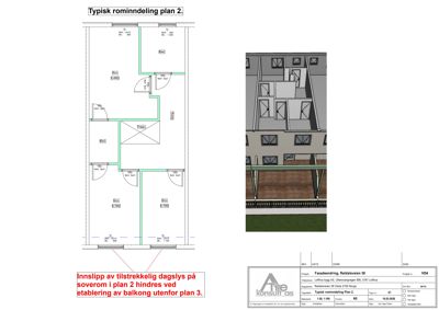 Etasjeplan (plan 2) med romfordeling, dører og vinduer, samt en 3D-rendering av fasaden og en teknisk notat om dagslys.