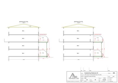 Fasadetegning som viser oppriss av bygningens front med mål og detaljer for vinduer og dører.
