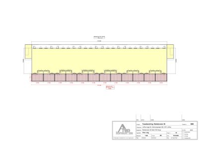 Fasadetegning som viser oppriss av bygningens front med vinduer, dører og konstruksjonsdetaljer.