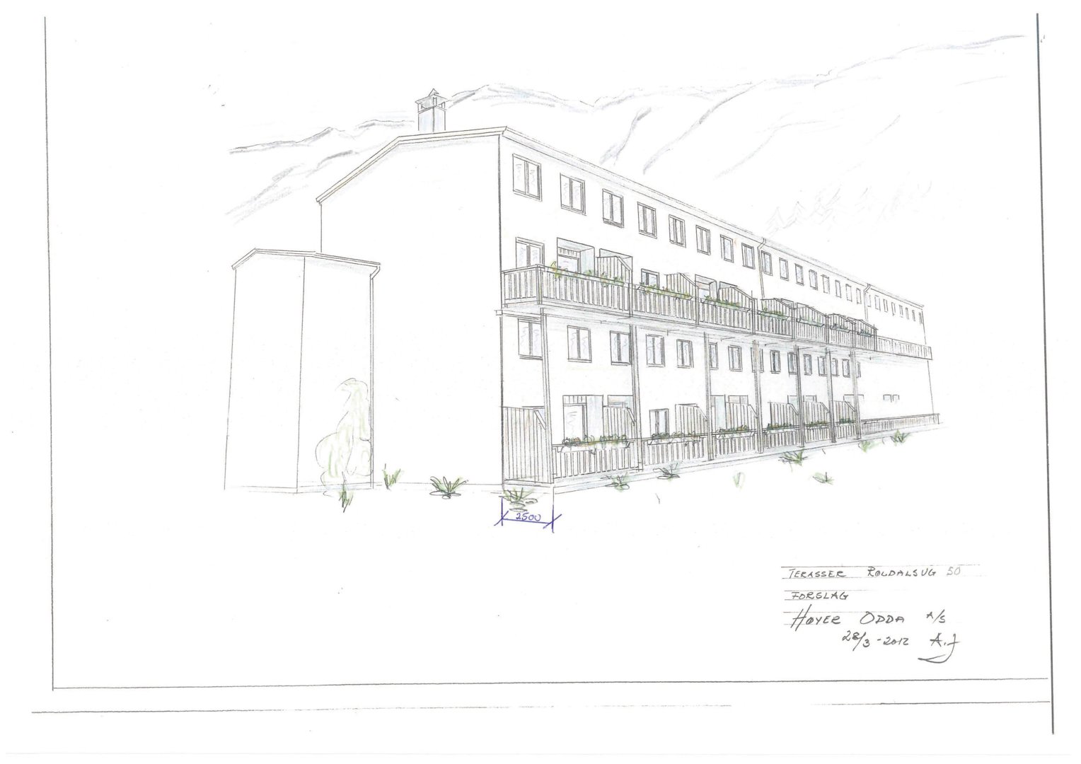 Håndtegnet 3D-visualisering (rendering) av en fleretasjes bygning sett fra siden, med bakgrunn av fjell.