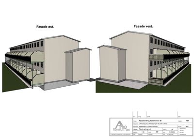 Fasadetegning som viser bygningens utseende fra øst og vest.