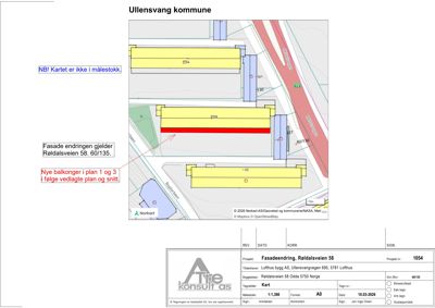Kart over tomteforhold og nabobebyggelse med merking av fasadeendring.