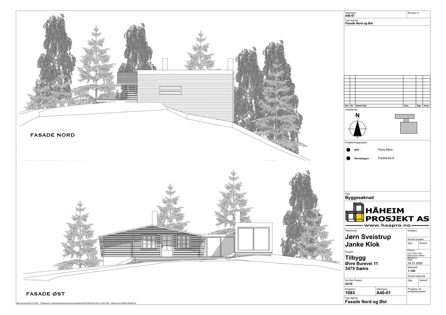 Fasadetegning som viser bygningens utseende sett fra nord og øst.