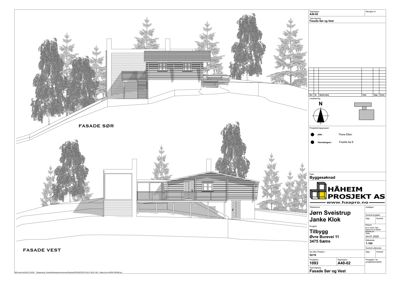 Bildet viser fasadetegninger for en bygning, spesifikt 'FASADE SØR' og 'FASADE VEST', med en nord-pil og arkitektoniske detaljer.
