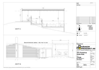 Snittegning (Snitt A og Snitt B) som viser tverrsnittet av bygningen med innvendig romfordeling og høyder.