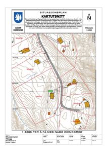 Situasjonsplan (kartutsnitt) som viser eiendomsgrenser, høydeforhold og naboeiendommer.