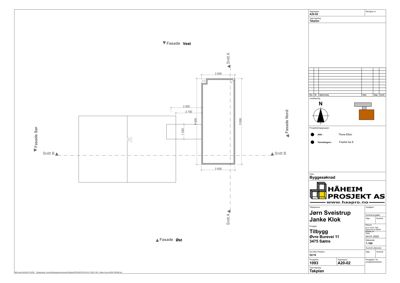 Takplan med fasadevisninger og snittlinjer