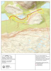 Gårdsplan (kart) som viser topografi, eiendomsgrenser og driftssenterpunkt for et område.