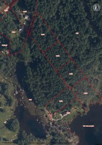 Satellittbilde (flyfoto) med overlagte grunnsdata som viser eiendomsinndeling, vegnett og vannveier.