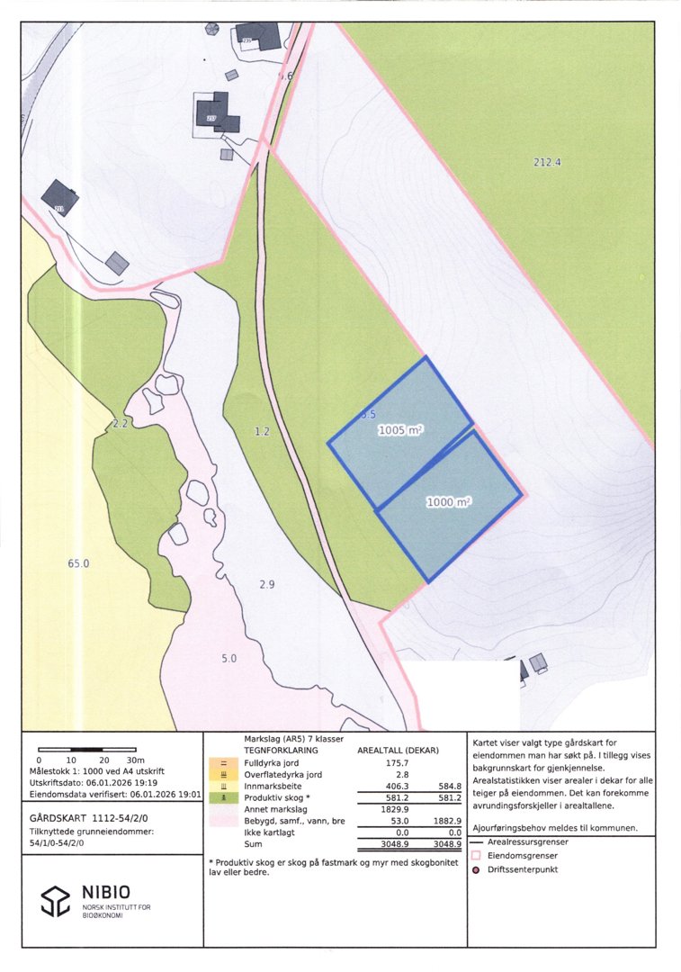 Gårdsplan (ARS 7 Masser) som viser arealdata, markslag og eiendomsgrenser for eiendommen 1112-542/0.