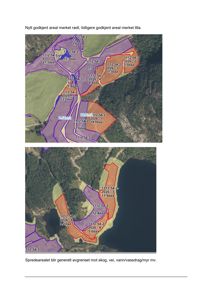 Kart som viser arealplanlegging med overlagte farger for godkjente og nye arealer, samt arealnummer og størrelser.