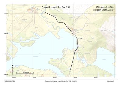 Oversiktskart (situasjonskart) over et område med topografi, vann og vegnett. Kartet viser en markert grense eller vei (54/34) og er basert på kartdata (EUREF89 UTM).