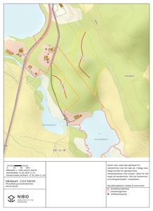 Gårdsplan (situasjonsplan) som viser eiendomsgrenser, arealstatistikk og bakgrunnskart for et område i NIBIO.