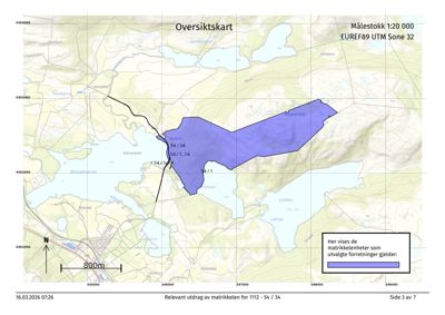 Oversiktskart (situasjonskart) som viser matrikkelnummer 1112 - 54 / 34 i forhold til omgivelsene, inkludert vann, vei og nabolag.