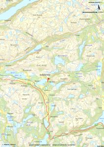 Et topografisk kart over Dalane i Rogaland som viser terrengform, vannmasser, veier og en markert plassering for 'Omsøkt tiltak'.