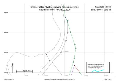 Kart som viser matrikkelgrenser og punkt for eiendommen 1112 - 54 / 1.