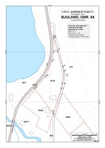 Situasjonsplan (grensekart) som viser eiendomsinndeling, vegforløp og topografi for GNR 54 i Lund kommune.
