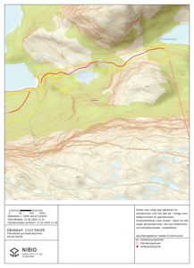 Gårdsplan med topografisk bakgrunn (konturlinjer, høydemål) og overlagte eiendomsgrenser (gule og røde linjer).