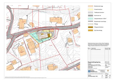 Situasjonsplan som viser tomtens beliggenhet, eksisterende og planlagt bebyggelse, samt topografi.