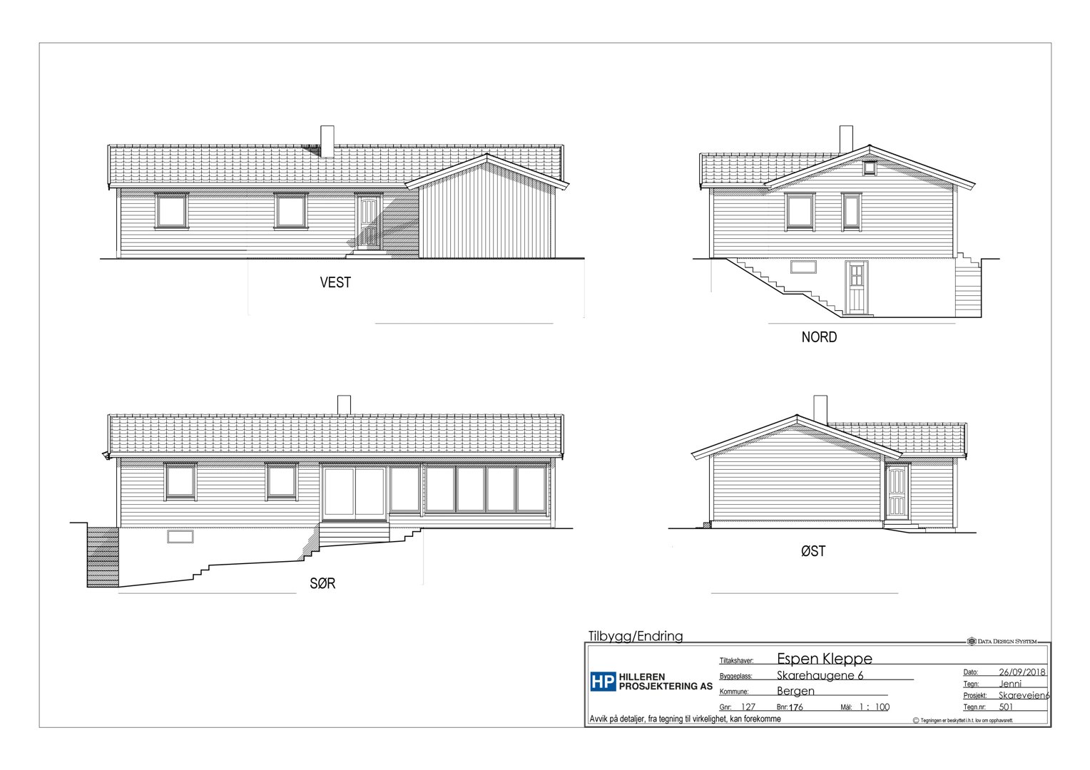Fasadetegning som viser bygningens utsyn fra fire sider: Vest, Nord, Sør og Øst.