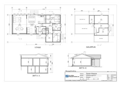Bildet viser en tegning med etasjeplaner (1. etasje og kjeller), samt snittegninger (A-A og B-B) for en bygning.