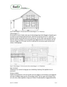 Bildet viser en tegning av en takoverbygging sett fra siden (fasade), med mål og tekstbeskrivelser.
