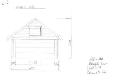 Fasadetegning av en garasje sett fra vest, med mål og tegningsskala.