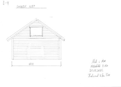 Fasadetegning av en garasje sett fra øst (Garasje Aust). Tegningen viser takform, vindusåpning, fasademateriale (trepanel) og bredde (6000 mm).