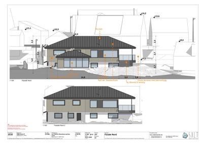 Fasadetegning (opprikk) som viser bygningens utseende fra nord, med høydemål og endringer i tak og fasade.
