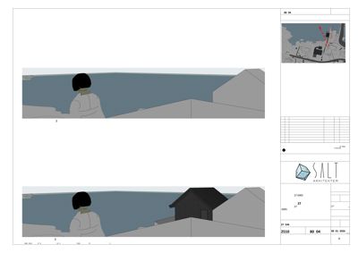 3D-visualisering (rendering) som viser en person sett bakfra, med utsikt over vann og en bygning i bakgrunnen.