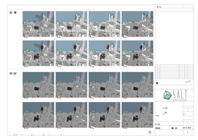 Fotografisk dokumentasjon av en bygning sett fra ulike vinkler (øst og sydøst) ved ulike tidspunkter på dagen.