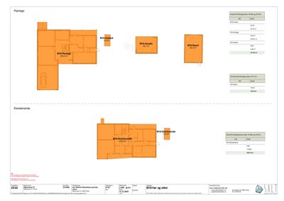 Etasjeplan som viser romfordeling og areal for både eksisterende og planlagt bygning.