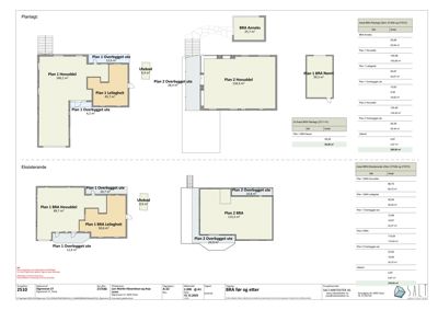Plantegning som viser romfordeling og arealoppdeling for et fleretasjes hus (BRA Annekset, BRA Naust, Plan 1 og Plan 2).