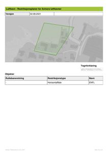 Kart som viser et område med en grønn polygon (restriksjonsplan) overlappet på en bakgrunn som ser ut til å være et topografisk kart eller et flyfoto.