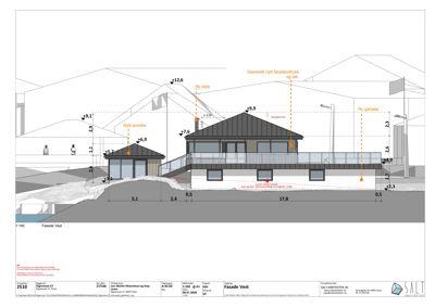 Fasadetegning (Fasade Vest) som viser bygningens utseende, høyder, takform og fasadebehandling.