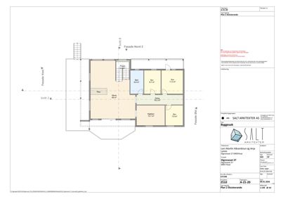Etasjeplan (Plan 2 Eksisterende) som viser romfordeling, arealer og plassering av vegg og trapp.