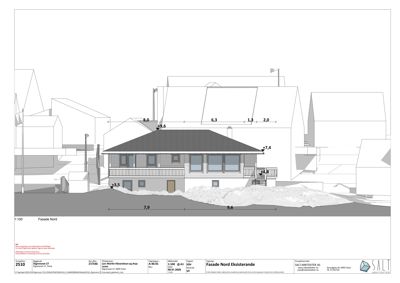 Fasadetegning (opprikk) av en eksisterende bygning sett fra nord, med mål og detaljer.
