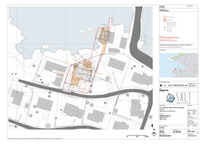 Situasjonsplan som viser tomtens beliggenhet, nabolag, veier og planlagt byggefelt med områder for nedrivning og nybygging.