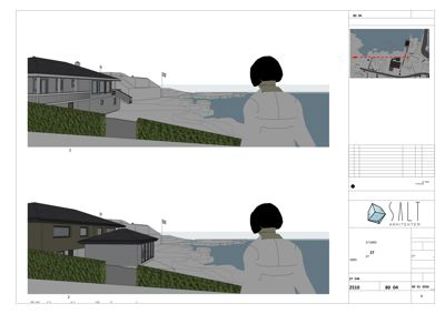 3D-visualisering (rendering) av en bygning sett fra en bestemt vinkel, inkludert en situasjonsplan i øvre høyre hjørne.