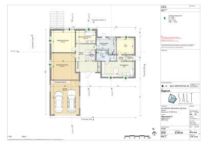 Etasjeplan (Plan 1) som viser romfordeling, arealer og plassering av kjøretøy i garasjen.