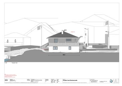 Fasadetegning (Fasade Vest) som viser bygningens utseende fra vest med mål og høyder.