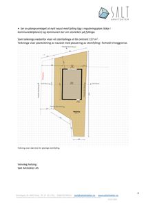 Plantegning som viser et nytt naust med angitte mål og plassering av en planlagt steinfylling.